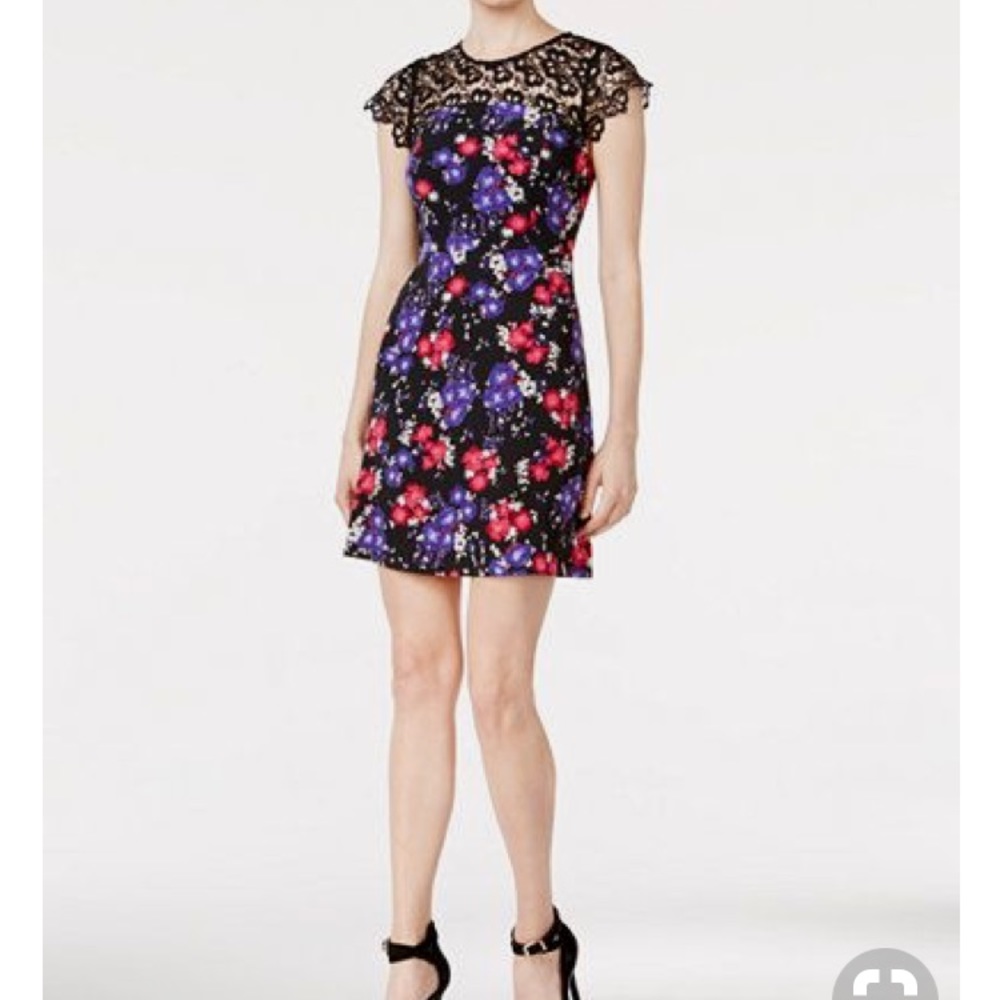Floral-Print Lace-Contrast Dress